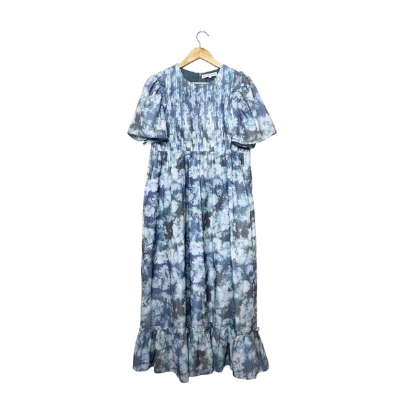 English Factory Blue Tie Dye Smocked Pleated Midi Dress Womens M Flutter Sleeve